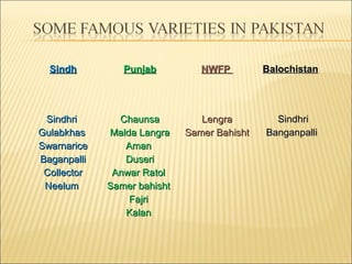 SindhSindh PunjabPunjab NWFP NWFP    BalochistanBalochistan  
Sindhri Sindhri 
Gulabkhas Gulabkhas 
SwarnariceSwarnarice
BaganpalliBaganpalli
CollectorCollector
Neelum Neelum 
ChaunsaChaunsa
Malda LangraMalda Langra
Aman Aman 
DuseriDuseri
Anwar Ratol Anwar Ratol 
Samer bahisht Samer bahisht 
Fajri Fajri 
Kalan Kalan 
Lengra Lengra 
Samer Bahisht Samer Bahisht 
  SindhriSindhri
BanganpalliBanganpalli
 