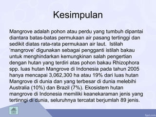 Kesimpulan
Mangrove adalah pohon atau perdu yang tumbuh dipantai
diantara batas-batas permukaan air pasang tertinggi dan
sedikit diatas rata-rata permukaan air laut. Istilah
‘mangrove’ digunakan sebagai pengganti istilah bakau
untuk menghindarkan kemungkinan salah pengertian
dengan hutan yang terdiri atas pohon bakau Rhizophora
spp. luas hutan Mangrove di Indonesia pada tahun 2005
hanya mencapai 3,062,300 ha atau 19% dari luas hutan
Mangrove di dunia dan yang terbesar di dunia melebihi
Australia (10%) dan Brazil (7%). Ekosistem hutan
mangrove di Indonesia memiliki keanekaraman jenis yang
tertinngi di dunia, seluruhnya tercatat berjumlah 89 jenis.
 