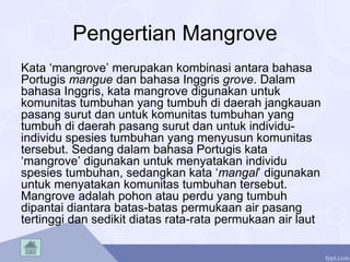 Pengertian Mangrove
Kata ‘mangrove’ merupakan kombinasi antara bahasa
Portugis mangue dan bahasa Inggris grove. Dalam
bahasa Inggris, kata mangrove digunakan untuk
komunitas tumbuhan yang tumbuh di daerah jangkauan
pasang surut dan untuk komunitas tumbuhan yang
tumbuh di daerah pasang surut dan untuk individu-
individu spesies tumbuhan yang menyusun komunitas
tersebut. Sedang dalam bahasa Portugis kata
‘mangrove’ digunakan untuk menyatakan individu
spesies tumbuhan, sedangkan kata ‘mangal’ digunakan
untuk menyatakan komunitas tumbuhan tersebut.
Mangrove adalah pohon atau perdu yang tumbuh
dipantai diantara batas-batas permukaan air pasang
tertinggi dan sedikit diatas rata-rata permukaan air laut
 