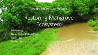 Restoring Mangrove
Ecosystem
Presented by:
Name: Rashmi Prakash Palai
Class: 10 B
Roll No.: 30
DAV RKL ONLINE HARIYALI 2021
 