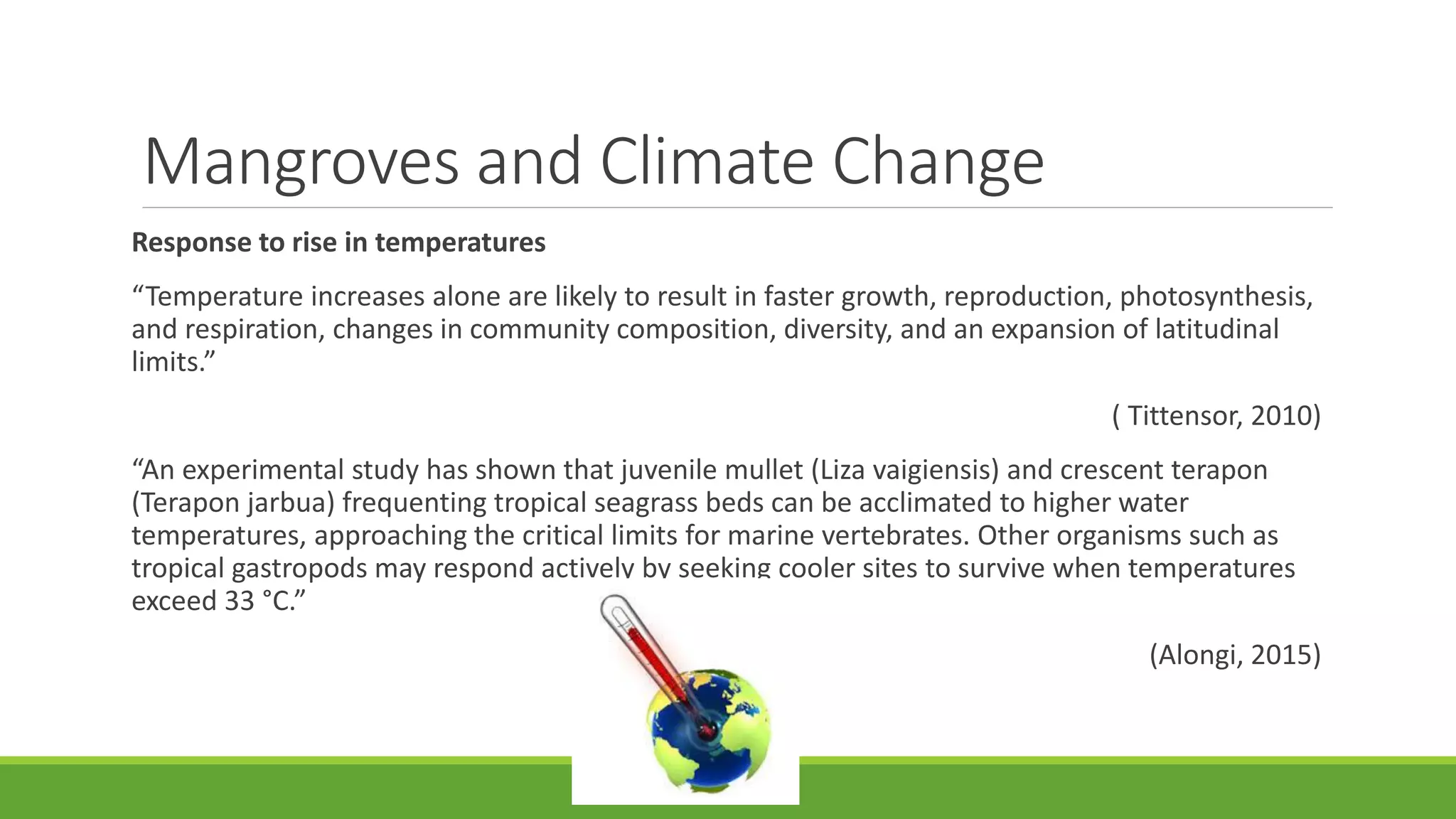 Mangroves and Climate Change
Response to rise in temperatures
“Temperature increases alone are likely to result in faster growth, reproduction, photosynthesis,
and respiration, changes in community composition, diversity, and an expansion of latitudinal
limits.”
( Tittensor, 2010)
“An experimental study has shown that juvenile mullet (Liza vaigiensis) and crescent terapon
(Terapon jarbua) frequenting tropical seagrass beds can be acclimated to higher water
temperatures, approaching the critical limits for marine vertebrates. Other organisms such as
tropical gastropods may respond actively by seeking cooler sites to survive when temperatures
exceed 33 °C.”
(Alongi, 2015)
 