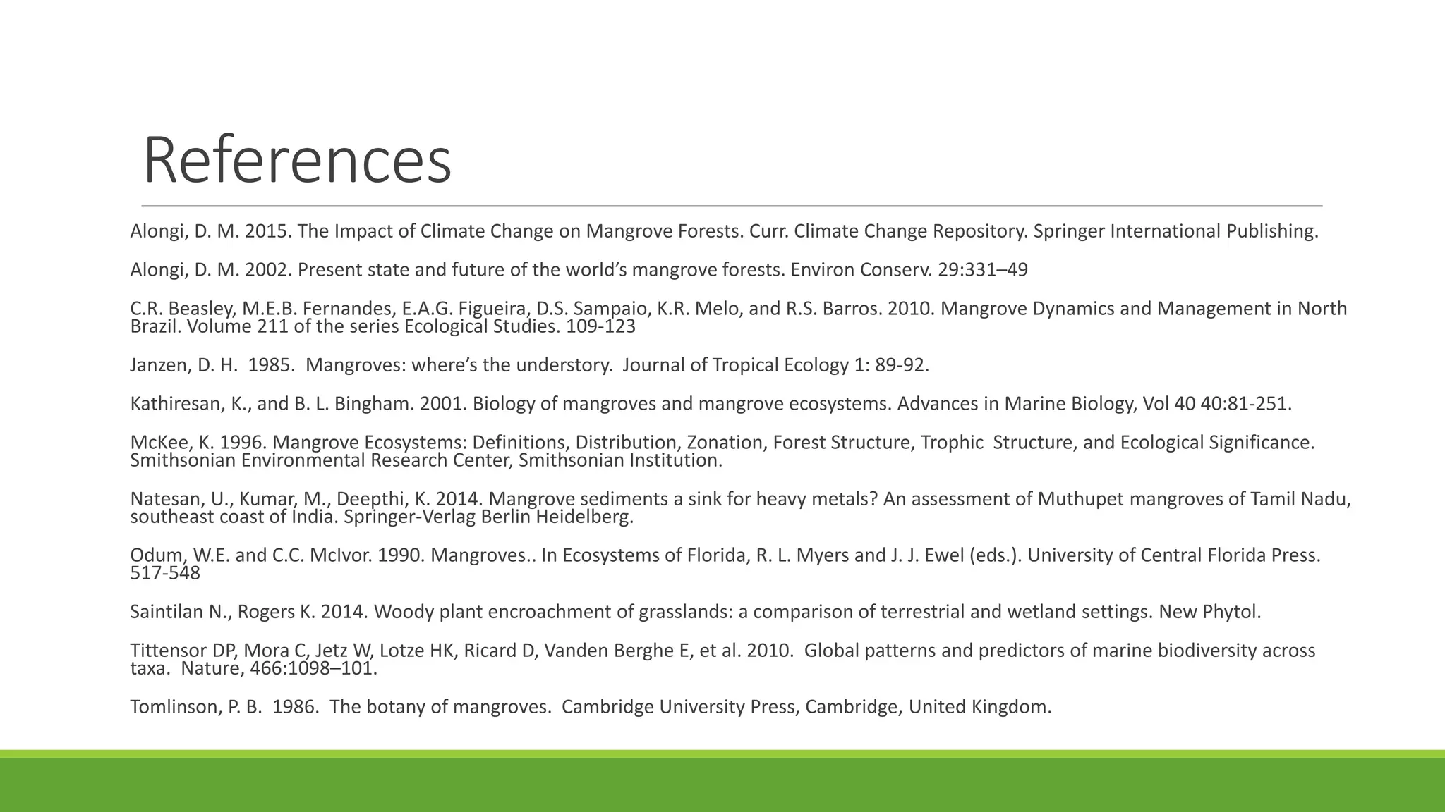References
Alongi, D. M. 2015. The Impact of Climate Change on Mangrove Forests. Curr. Climate Change Repository. Springer International Publishing.
Alongi, D. M. 2002. Present state and future of the world’s mangrove forests. Environ Conserv. 29:331–49
C.R. Beasley, M.E.B. Fernandes, E.A.G. Figueira, D.S. Sampaio, K.R. Melo, and R.S. Barros. 2010. Mangrove Dynamics and Management in North
Brazil. Volume 211 of the series Ecological Studies. 109-123
Janzen, D. H. 1985. Mangroves: where’s the understory. Journal of Tropical Ecology 1: 89-92.
Kathiresan, K., and B. L. Bingham. 2001. Biology of mangroves and mangrove ecosystems. Advances in Marine Biology, Vol 40 40:81-251.
McKee, K. 1996. Mangrove Ecosystems: Definitions, Distribution, Zonation, Forest Structure, Trophic Structure, and Ecological Significance.
Smithsonian Environmental Research Center, Smithsonian Institution.
Natesan, U., Kumar, M., Deepthi, K. 2014. Mangrove sediments a sink for heavy metals? An assessment of Muthupet mangroves of Tamil Nadu,
southeast coast of India. Springer-Verlag Berlin Heidelberg.
Odum, W.E. and C.C. McIvor. 1990. Mangroves.. In Ecosystems of Florida, R. L. Myers and J. J. Ewel (eds.). University of Central Florida Press.
517-548
Saintilan N., Rogers K. 2014. Woody plant encroachment of grasslands: a comparison of terrestrial and wetland settings. New Phytol.
Tittensor DP, Mora C, Jetz W, Lotze HK, Ricard D, Vanden Berghe E, et al. 2010. Global patterns and predictors of marine biodiversity across
taxa. Nature, 466:1098–101.
Tomlinson, P. B. 1986. The botany of mangroves. Cambridge University Press, Cambridge, United Kingdom.
 