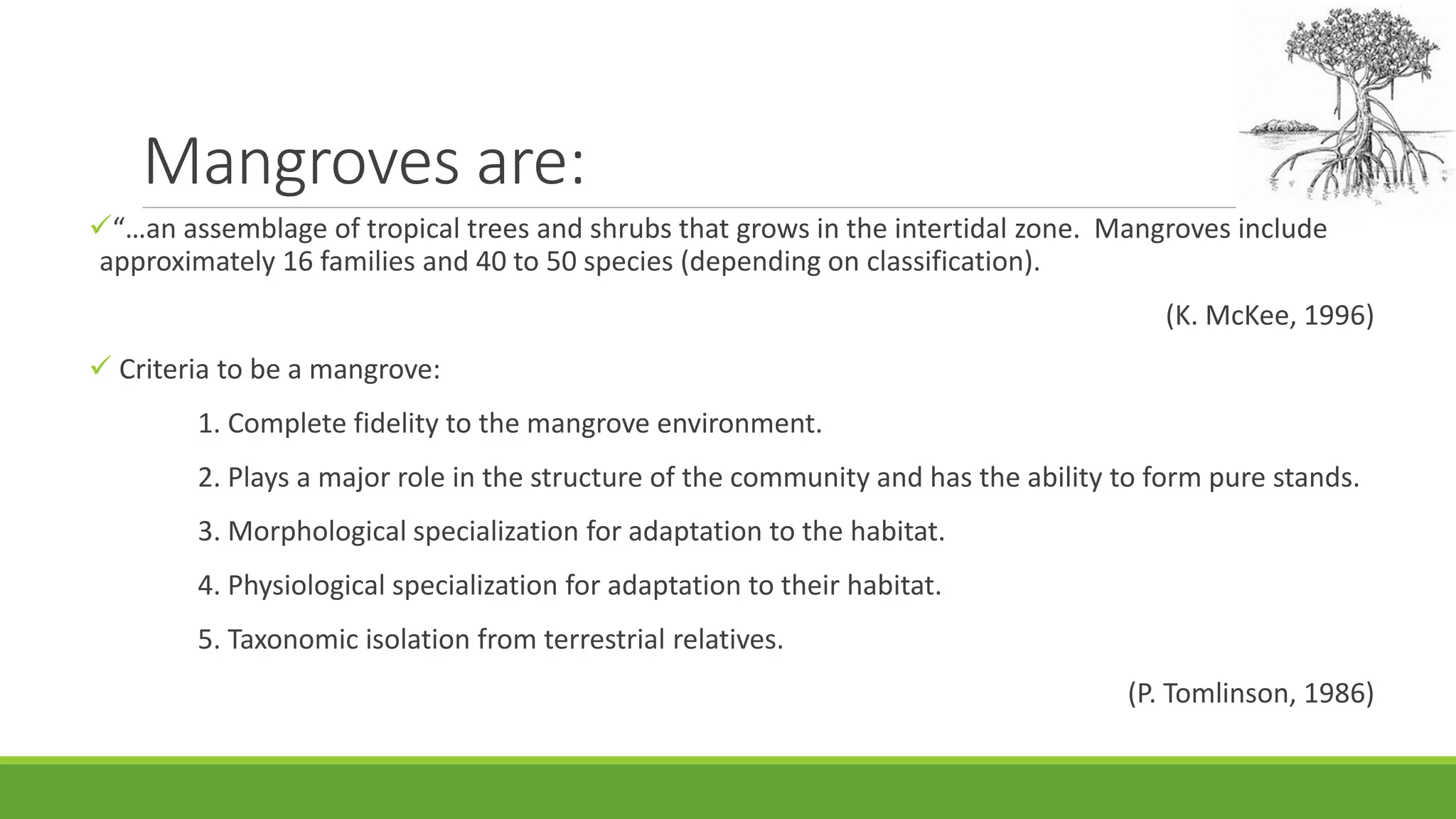 Mangroves are:
“…an assemblage of tropical trees and shrubs that grows in the intertidal zone. Mangroves include
approximately 16 families and 40 to 50 species (depending on classification).
(K. McKee, 1996)
 Criteria to be a mangrove:
1. Complete fidelity to the mangrove environment.
2. Plays a major role in the structure of the community and has the ability to form pure stands.
3. Morphological specialization for adaptation to the habitat.
4. Physiological specialization for adaptation to their habitat.
5. Taxonomic isolation from terrestrial relatives.
(P. Tomlinson, 1986)
 