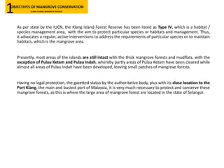 As per state by the IUCN, the Klang Island Forest Reserve has been listed as Type IV, which is a habitat /
species management area, with the aim to protect particular species or habitats and management. Thus,
it advocates a regular, active interventions to address the requirements of particular species or to maintain
habitats, which is the mangrove area.
Presently, most areas of the islands are still intact with the thick mangrove forests and mudflats, with the
exception of Pulau Ketam and Pulau Indah, whereby partly areas of Pulau Ketam have been cleared while
almost all areas of Pulau Indah have been developed, leaving small patches of mangrove forests.
Having no legal protection, the gazetted status by the authoritative body, plus with its close location to the
Port Klang, the main and busiest port of Malaysia, it is very much necessary to protect and conserve these
mangrove forests, as this is where the large area of mangrove forest are located in the state of Selangor.
OBJECTIVES OF MANGROVE CONSERVATION
KLANG ISLANDS MANGROVE RESERVE1
 