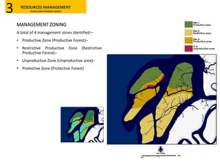 MANAGEMENT ZONING
A total of 4 management zones identified:–
• Productive Zone (Productive Forest)–
• Restrictive Productive Zone (Restrictive
Productive Forest)–
• Unproductive Zone (Unproductive area)–
• Protective Zone (Protective Forest)
RESOURCES MANAGEMENT
KLANG ISLANDS MANGROVE RESERVE3
 