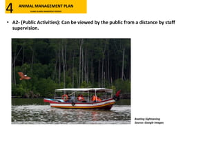 • A2- (Public Activities): Can be viewed by the public from a distance by staff
supervision.
Boating Sightseeing
Source: Google Images
ANIMAL MANAGEMENT PLAN
KLANG ISLANDS MANGROVE RESERVE4
 