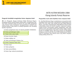 AKTA HUTAN NEGARA 1984
Klang Islands Forest Reserve
LAW AND ENCORCEMENTKLANG ISLANDS MANGROVE RESERVE1
 