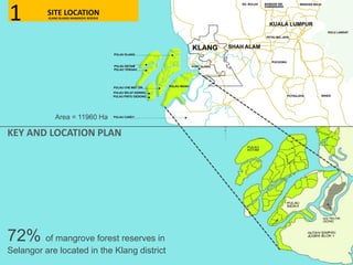 KEY AND LOCATION PLAN
Area = 11960 Ha
72% of mangrove forest reserves in
Selangor are located in the Klang district
SITE LOCATIONKLANG ISLANDS MANGROVE RESERVE1
 