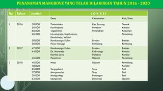 PENANAMAN MANGROVE YANG TELAH DILAKUKAN TAHUN 2016 - 2020
No Tahun Jumlah L O K A S I
Desa Kecamatan Kab/Kota
1 2016 50.000
50.000
50.000
26.200
50.000
50.000
Timbulsloko
Kartikajaya
Tegalretno
Lawangrejo, Sugihwaras,
Kendalrejo, Widuri
Randusanga Kulon
Pasar Banggi
Kec.Sayung
Patebon
Petanahan
Brebes
Rembang
Demak
Kendal
Kebumen
Pemalang
Brebes
Rembang
2 2017 47.000
44.000
45.600
Randusanga Kulon
Ds. Mororejo
Kartika jaya
Pesantren
Brebes
Kaliwungu
Patebon
Ulujami
Brebes
Kendal
Kendal
Pemalang
3 2018 40.000
40.000
25.000
17.000
20.000
62.000
Mojo
Tunggulsari
Margomulyo
Mangunlegi
Ujungwatu
Ulujami
Tayu
Tayu
Batangan
Donorojo
Pemalang
Kendal
Pati
Pati
Pati
Jepara
 