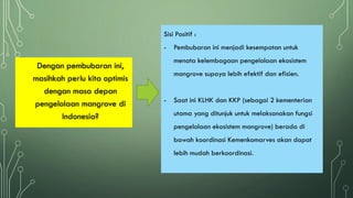 Dengan pembubaran ini,
masihkah perlu kita optimis
dengan masa depan
pengelolaan mangrove di
Indonesia?
Sisi Positif :
- Pembubaran ini menjadi kesempatan untuk
menata kelembagaan pengelolaan ekosistem
mangrove supaya lebih efektif dan efisien.
- Saat ini KLHK dan KKP (sebagai 2 kementerian
utama yang ditunjuk untuk melaksanakan fungsi
pengelolaan ekosistem mangrove) berada di
bawah koordinasi Kemenkomarves akan dapat
lebih mudah berkoordinasi.
 