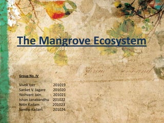 The Mangrove Ecosystem

Group No. IV

Vivek Iyer         201019
Sanket V. Jagare   201020
Yashvant Jain      201021
Ishan Janabandhu   201022
Nitin Kadam        201023
Sandip Kadam       201024
 