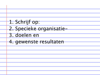1.   Schrijf op:
2.   Specieke organisatie-
3.   doelen en
4.   gewenste resultaten
 