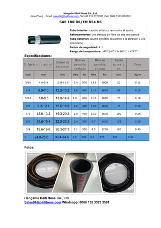 Hengshui Baili Hose Co., Ltd.
Jane Zhang Email: sales04@bailihose.com, Tel:+86 318 2170005, Cell: 0086 15233283591
SAE 100 R6/EN 854 R6
Tubo interior: caucho sintético resistente al aceite
Reforzamiento: una trenzas de fibra de alta resistencia
Tubo exterior: caucho sintético resistente a la abrasión y a la
intemperie
Factor de seguridad: 4:1
Rango de temperatura: -40℃(-40℉)+100℃（+212℉）
Especificaciones:
Diámetro interior
Diámetro
interior
Máxima
presión
trabajo
Mínima
presión
rotura
Radio
curvatu
ra
Peso
inch mm mm MPa Psi MPa Psi mm Kg/m
3/16 4.6-5.4 10.8-11.8 3.4 500 13.8 2000 50 0.11
1/4 6.0-7.0 12.2-13.2 2.8 400 11.0 1600 65 0.15
5/16 7.8-8.5 13.8-14.8 2.8 400 11.0 1600 75 0.16
3/8 9.3-10.1 15.6-16.6 2.8 400 11.0 1600 75 0.18
1/2 12.5-13.3 19.3-20.3 2.8 400 11.0 1600 100 0.26
5/8 15.6-16.4 22.5-23.5 2.4 350 9.7 1400 125 0.29
3/4 18.6-19.6 26.3-27.3 2.1 300 9.3 1200 150 0.40
1 24.8-26.0 33.4-34.6 2.0 290 8.0 870 230 0.54
Fotos:
Hengshui Baili Hose Co., Ltd.
Sales04@bailihose.com Whatsapp: 0086 152 3323 3591
 