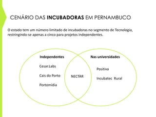 CENÁRIO DAS INCUBADORAS EM PERNAMBUCO
O estado tem um número limitado de incubadoras no segmento de Tecnologia,
restringindo-se apenas a cinco para projetos independentes.
Cesar.Labs
Cais do Porto
Portomídia
NECTAR
Positiva
Incubatec Rural
Nas universidadesIndependentes
 