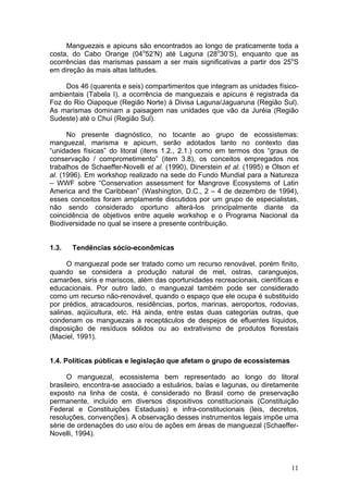 11
Manguezais e apicuns são encontrados ao longo de praticamente toda a
costa, do Cabo Orange (04o
52’N) até Laguna (28o
30’S), enquanto que as
ocorrências das marismas passam a ser mais significativas a partir dos 25o
S
em direção às mais altas latitudes.
Dos 46 (quarenta e seis) compartimentos que integram as unidades físico-
ambientais (Tabela I), a ocorrência de manguezais e apicuns é registrada da
Foz do Rio Oiapoque (Região Norte) à Divisa Laguna/Jaguaruna (Região Sul).
As marismas dominam a paisagem nas unidades que vão da Juréia (Região
Sudeste) até o Chuí (Região Sul).
No presente diagnóstico, no tocante ao grupo de ecossistemas:
manguezal, marisma e apicum, serão adotados tanto no contexto das
“unidades físicas” do litoral (itens 1.2., 2.1.) como em termos dos “graus de
conservação / comprometimento” (item 3.8), os conceitos empregados nos
trabalhos de Schaeffer-Novelli et al. (1990), Dinerstein et al. (1995) e Olson et
al. (1996). Em workshop realizado na sede do Fundo Mundial para a Natureza
– WWF sobre “Conservation assessment for Mangrove Ecosystems of Latin
America and the Caribbean” (Washington, D.C., 2 – 4 de dezembro de 1994),
esses conceitos foram amplamente discutidos por um grupo de especialistas,
não sendo considerado oportuno alterá-los principalmente diante da
coincidência de objetivos entre aquele workshop e o Programa Nacional da
Biodiversidade no qual se insere a presente contribuição.
1.3. Tendências sócio-econômicas
O manguezal pode ser tratado como um recurso renovável, porém finito,
quando se considera a produção natural de mel, ostras, caranguejos,
camarões, siris e mariscos, além das oportunidades recreacionais, científicas e
educacionais. Por outro lado, o manguezal também pode ser considerado
como um recurso não-renovável, quando o espaço que ele ocupa é substituído
por prédios, atracadouros, residências, portos, marinas, aeroportos, rodovias,
salinas, aqüicultura, etc. Há ainda, entre estas duas categorias outras, que
condenam os manguezais a receptáculos de despejos de efluentes líquidos,
disposição de resíduos sólidos ou ao extrativismo de produtos florestais
(Maciel, 1991).
1.4. Políticas públicas e legislação que afetam o grupo de ecossistemas
O manguezal, ecossistema bem representado ao longo do litoral
brasileiro, encontra-se associado a estuários, baías e lagunas, ou diretamente
exposto na linha de costa, é considerado no Brasil como de preservação
permanente, incluído em diversos dispositivos constitucionais (Constituição
Federal e Constituições Estaduais) e infra-constitucionais (leis, decretos,
resoluções, convenções). A observação desses instrumentos legais impõe uma
série de ordenações do uso e/ou de ações em áreas de manguezal (Schaeffer-
Novelli, 1994).
 