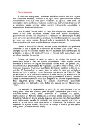 24
Fauna Associada
A fauna dos manguezais, marismas, estuários e deltas tem sua origem
nos ambientes terrestre, marinho e de água doce, permanecendo nesses
ecossistemas toda sua vida como residentes ou apenas parte dela, na
condição de semi-residentes, visitantes regulares ou oportunistas. Seja qual for
a condição, esses animais estão sempre intimamente associados e
dependentes desses ecossistemas.
Para as áreas úmidas, como no caso dos manguezais, alguns grupos,
como o das aves aquáticas, contam com bom acervo bibliográfico,
possivelmente devido sua popularidade e facilidade de identificação. Certas
aves percorrem grandes distâncias em seus movimentos migratórios, passando
às vezes por vários países, demonstrando a necessidade de cooperação
internacional no que tange a proteção desse recursos naturais.
Devido à importância desses animais como indicadores da qualidade
ambiental e sob a égide da Convenção de Ramsar (São Paulo, 1997a),
atenção especial foi dada aos habitats de aves aquáticas, como contribuição às
propostas a planos de desenvolvimento e manejo auto sustentáveis que
envolvam esse tipo de recurso.
Durante os meses de verão é reduzido o número de animais se
deslocando sobre a área do apicum (Nascimento, 1993). Aquela autora
descreve a presença de alguns caranguejos “chama-maré”, do gênero Uca,
encontrados nas proximidades da vegetação. A partir do mês de maio, com o
início das chuvas de “inverno”, a quantidade de Uca das espécies U. thayeri, U.
mordax, U. leptodactyla, U. rapax, além de outras formava um verdadeiro
tapete por todo o apicum, numa densidade aproximada de 250ind/m2
. Na
proximidade da parte mais sombreada das árvores de mangue a densidade de
tocas de Ucides cordatus jovens (caranguejo-uçá) chegou a 30ind/m2
. Nessas
áreas os Uca escavam suas tocas que chegam a 70 e 80cm de profundidade.
Nas pequenas poças d’água no apicum, encontrou-se quantidade
representativa de Calinectes (siri), todos em estágio juvenil (Nascimento,
1993).
Um exemplo da dependência da produção da zona costeira com os
manguezais pode ser ilustrado pela listagem apresentada por Cintrón &
Schaeffer-Novelli (1983), onde aparecem 67 espécies de peixes,
representando 24 famílias, associadas a diversas áreas estuarinas do litoral
brasileiro (Tabela IV). Como através da pesca parece ser mais fácil quantificar
uma determinada parcela da produção dos recursos naturais marinhos, o
exemplo acima serve para caracterizar a diversidade da ictiofauna que
depende, de alguma maneira, dos fluxos de energia e matéria gerados pelos
manguezais (Schaeffer-Novelli, 1989).
 