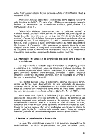 26
ruber, Ixobrychus involucris, Oxyura dominica e Netta erythrophthalma (Scott &
Carbonell, 1986).
Trichechus manatus (peixe-boi) é considerada como espécie vulnerável
pela classificação da UICN (Fonseca et al., 1994) e sua conservação depende
também da preservação dos ecossistemas costeiros, principalmente dos
manguezais (Tabela III).
Dermochelys coriacea (tartaruga-de-couro ou tartaruga gigante) e
Chelonia mydas (tartaruga verde) entram no complexo estuarino-lagunar de
Iguape-Cananéia para alimentar-se. As espécies Caretta caretta (tartaruga
amarela), Eretmochelys imbricata (tartaruga de pente) e Lepidochelys olivacea
(tartaruga pequena), todas ameaçadas, ocorrem no litoral brasileiro e podem,
também, estar associadas a outros sistemas estuarinos da nossa costa (Tabela
III). Pendoley & Fitzpatrick (1999) observaram a espécie Chelonia mydas
abrigando-se em áreas de manguezais da Austrália, alimentando-se de folhas
de Avicennia marina. A conservação deste sistema natural é de fundamental
importância para auxiliar a preservação dessas espécies marinhas.
2.6. Intensidade de utilização da diversidade biológica para o grupo de
ecossistemas
Nas regiões Norte e Nordeste, segundo Schaeffer-Novelli (1989), primam
o empirismo e o imediatismo sobre os seguintes produtos: derrubada de
árvores de mangue para lenha; madeira para construção e extração de tanino;
pesca predatória incidindo sobre moluscos, crustáceos e peixes (inclusive
utilizando explosivos); atividades salineiras, além da instalação de viveiros e
tanques para aqüicultura (Tabela V).
Nas regiões Sudeste e Sul, o extrativismo continua imperando porém,
devido às formas mais desenvolvidas de uma sociedade de consumo,
aparecem aterros, lixões, empreendimentos imobiliários, distritos industriais,
todos se utilizando dos manguezais como terras de “baixo custo”, ignorando
seu valor como verdadeiros celeiros biológicos (Schaeffer-Novelli, 1989).
Ainda sobre este aspecto, a demanda por produtos provenientes do
ecossistema manguezal provocou aumento na captura de caranguejo-uçá
(Ucides cordatus), pela utilização predatória de artefatos como redinhas,
armadilhas denominadas “ratoeiras” e substâncias químicas como o carbureto,
colocando em risco o estoque deste organismo em diversos setores do litoral.
Ostras de mangue também vêm sendo explotadas com tamanhos abaixo do
previsto pela legislação, principalmente quando raízes inteiras do mangue
vermelho (rizóforos de Rhizophora mangle) são cortadas pelos coletores.
2.7. Vetores de pressão sobre a diversidade
Na obra “Os ecossistemas brasileiros e os principais macrovetores de
desenvolvimento: subsídios ao planejamento da gestão ambiental” (Brasil,
 