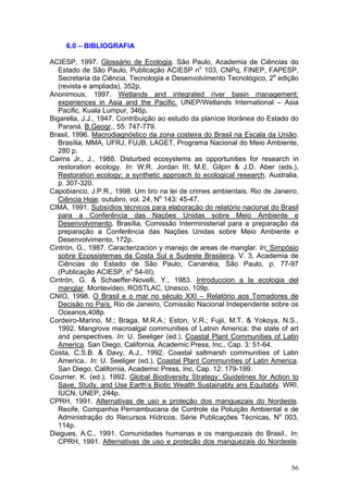 56
6.0 – BIBLIOGRAFIA
ACIESP, 1997. Glossário de Ecologia. São Paulo, Academia de Ciências do
Estado de São Paulo, Publicação ACIESP no
103, CNPq, FINEP, FAPESP,
Secretaria da Ciência, Tecnologia e Desenvolvimento Tecnológico, 2a
edição
(revista e ampliada), 352p.
Anonimous, 1997. Wetlands and integrated river basin management:
experiences in Asia and the Pacific. UNEP/Wetlands International – Asia
Pacific, Kuala Lumpur, 346p.
Bigarella, J.J., 1947. Contribuição ao estudo da planície litorânea do Estado do
Paraná. B.Geogr., 55: 747-779.
Brasil, 1996. Macrodiagnóstico da zona costeira do Brasil na Escala da União.
Brasília, MMA, UFRJ, FUJB, LAGET, Programa Nacional do Meio Ambiente,
280 p.
Cairns Jr., J., 1988. Disturbed ecosystems as opportunities for research in
restoration ecology. In: W.R. Jordan III; M.E. Gilpin & J.D. Aber (eds.),
Restoration ecology: a synthetic approach to ecological research. Australia,
p. 307-320.
Capobianco, J.P.R., 1998. Um tiro na lei de crimes ambientais. Rio de Janeiro,
Ciência Hoje, outubro, vol. 24, No
143: 45-47.
CIMA, 1991. Subsídios técnicos para elaboração do relatório nacional do Brasil
para a Conferência das Nações Unidas sobre Meio Ambiente e
Desenvolvimento. Brasília, Comissão Interministerial para a preparação da
preparação a Conferência das Nações Unidas sobre Meio Ambiente e
Desenvolvimento, 172p.
Cintrón, G., 1987. Caracterizacion y manejo de areas de manglar. In: Simpósio
sobre Ecossistemas da Costa Sul e Sudeste Brasileira. V. 3, Academia de
Ciências do Estado de São Paulo, Cananéia, São Paulo, p. 77-97
(Publicação ACIESP, no
54-III).
Cintrón, G. & Schaeffer-Novelli, Y., 1983. Introduccion a la ecologia del
manglar. Montevideo, ROSTLAC, Unesco, 109p.
CNIO, 1998. O Brasil e o mar no século XXI – Relatório aos Tomadores de
Decisão no País. Rio de Janeiro, Comissão Nacional Independente sobre os
Oceanos,408p.
Cordeiro-Marino, M.; Braga, M.R.A.; Eston, V.R.; Fujii, M.T. & Yokoya, N.S.,
1992. Mangrove macroalgal communities of Latnin America: the state of art
and perspectives. In: U. Seeliger (ed.), Coastal Plant Communities of Latin
America. San Diego, California, Academic Press, Inc., Cap. 3: 51-64.
Costa, C.S.B. & Davy, A.J., 1992. Coastal saltmarsh communities of Latin
America.. In: U. Seeliger (ed.), Coastal Plant Communities of Latin America.
San Diego, California, Academic Press, Inc, Cap. 12: 179-199.
Courrier, K. (ed.), 1992. Global Biodiversity Strategy: Guidelines for Action to
Save, Study, and Use Earth’s Biotic Wealth Sustainably ans Equitably. WRI,
IUCN, UNEP, 244p.
CPRH, 1991. Alternativas de uso e proteção dos manguezais do Nordeste.
Recife, Companhia Pernambucana de Controle da Poluição Ambiental e de
Administração do Recursos Hídricos. Série Publicações Técnicas, No
003,
114p.
Diegues, A.C., 1991. Comunidades humanas e os manguezais do Brasil.. In:
CPRH, 1991. Alternativas de uso e proteção dos manguezais do Nordeste.
 