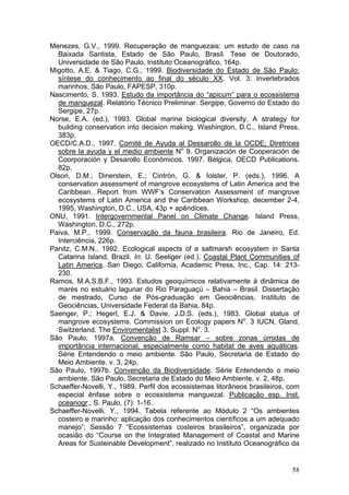 58
Menezes, G.V., 1999. Recuperação de manguezais: um estudo de caso na
Baixada Santista, Estado de São Paulo, Brasil. Tese de Doutorado,
Universidade de São Paulo, Instituto Oceanográfico, 164p.
Migotto, A.E. & Tiago, C.G., 1999. Biodiversidade do Estado de São Paulo:
síntese do conhecimento ao final do século XX. Vol. 3: Invertebrados
marinhos. São Paulo, FAPESP, 310p.
Nascimento, S. 1993. Estudo da importância do “apicum” para o ecossistema
de manguezal. Relatório Técnico Preliminar. Sergipe, Governo do Estado do
Sergipe, 27p.
Norse, E.A. (ed.), 1993. Global marine biological diversity. A strategy for
building conservation into decision making. Washington, D.C., Island Press,
383p.
OECD/C.A.D., 1997. Comité de Ayuda al Dessarollo de la OCDE; Diretrices
sobre la ayuda y el medio ambiente No
9. Organización de Cooperación de
Coorporación y Desarollo Económicos. 1997. Bélgica, OECD Publications.
82p.
Olson, D.M.; Dinerstein, E.; Cintrón, G. & Iolster, P. (eds.), 1996. A
conservation assessment of mangrove ecosystems of Latin America and the
Caribbean. Report from WWF’s Conservation Assessment of mangrove
ecosystems of Latin America and the Caribbean Workshop, december 2-4,
1995, Washington, D.C., USA, 43p + apêndices.
ONU, 1991. Intergovernmental Panel on Climate Change. Island Press,
Washington, D.C., 272p.
Paiva, M.P., 1999. Conservação da fauna brasileira. Rio de Janeiro, Ed.
Interciência, 226p.
Panitz, C.M.N., 1992. Ecological aspects of a saltmarsh ecosystem in Santa
Catarina Island, Brazil. In: U. Seeliger (ed.), Coastal Plant Communities of
Latin America. San Diego, California, Academic Press, Inc., Cap. 14: 213-
230.
Ramos, M.A.S.B.F., 1993. Estudos geoquímicos relativamente à dinâmica de
marés no estuário lagunar do Rio Paraguaçú – Bahia – Brasil. Dissertação
de mestrado, Curso de Pós-graduação em Geociências, Instituto de
Geociências, Universidade Federal da Bahia, 84p.
Saenger, P.; Hegerl, E.J. & Davie, J.D.S. (eds.), 1983. Global status of
mangrove ecosystems. Commission on Ecology papers No
. 3 IUCN, Gland,
Switzerland. The Enviromentalist 3, Suppl. No
. 3.
São Paulo, 1997a. Convenção de Ramsar – sobre zonas úmidas de
importância internacional, especialmente como habitat de aves aquáticas.
Série Entendendo o meio ambiente. São Paulo, Secretaria de Estado do
Meio Ambiente, v. 3, 24p.
São Paulo, 1997b. Convenção da Biodiversidade. Série Entendendo o meio
ambiente. São Paulo, Secretaria de Estado do Meio Ambiente, v. 2, 48p.
Schaeffer-Novelli, Y., 1989. Perfil dos ecossistemas litorâneos brasileiros, com
especial ênfase sobre o ecossistema manguezal. Publicação esp. Inst.
oceanogr., S. Paulo, (7): 1-16.
Schaeffer-Novelli, Y., 1994. Tabela referente ao Módulo 2 “Os ambientes
costeiro e marinho: aplicação dos conhecimentos científicos a um adequado
manejo”; Sessão 7 “Ecossistemas costeiros brasileiros”, organizada por
ocasião do “Course on the Integrated Management of Coastal and Marine
Areas for Susteinable Development”, realizado no Instituto Oceanográfico da
 