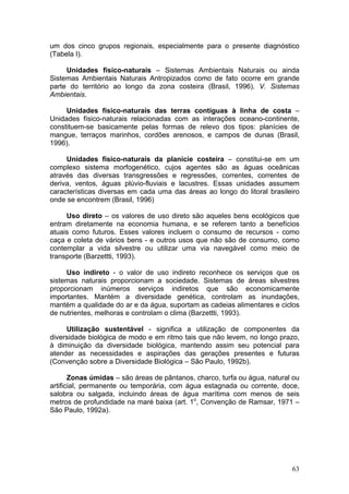 63
um dos cinco grupos regionais, especialmente para o presente diagnóstico
(Tabela I).
Unidades físico-naturais – Sistemas Ambientais Naturais ou ainda
Sistemas Ambientais Naturais Antropizados como de fato ocorre em grande
parte do território ao longo da zona costeira (Brasil, 1996). V. Sistemas
Ambientais.
Unidades físico-naturais das terras contíguas à linha de costa –
Unidades físico-naturais relacionadas com as interações oceano-continente,
constituem-se basicamente pelas formas de relevo dos tipos: planícies de
mangue, terraços marinhos, cordões arenosos, e campos de dunas (Brasil,
1996).
Unidades físico-naturais da planície costeira – constitui-se em um
complexo sistema morfogenético, cujos agentes são as águas oceânicas
através das diversas transgressões e regressões, correntes, correntes de
deriva, ventos, águas plúvio-fluviais e lacustres. Essas unidades assumem
características diversas em cada uma das áreas ao longo do litoral brasileiro
onde se encontrem (Brasil, 1996)
Uso direto – os valores de uso direto são aqueles bens ecológicos que
entram diretamente na economia humana, e se referem tanto a benefícios
atuais como futuros. Esses valores incluem o consumo de recursos - como
caça e coleta de vários bens - e outros usos que não são de consumo, como
contemplar a vida silvestre ou utilizar uma via navegável como meio de
transporte (Barzettti, 1993).
Uso indireto - o valor de uso indireto reconhece os serviços que os
sistemas naturais proporcionam a sociedade. Sistemas de áreas silvestres
proporcionam inúmeros serviços indiretos que são economicamente
importantes. Mantém a diversidade genética, controlam as inundações,
mantém a qualidade do ar e da água, suportam as cadeias alimentares e ciclos
de nutrientes, melhoras e controlam o clima (Barzettti, 1993).
Utilização sustentável - significa a utilização de componentes da
diversidade biológica de modo e em ritmo tais que não levem, no longo prazo,
à diminuição da diversidade biológica, mantendo assim seu potencial para
atender as necessidades e aspirações das gerações presentes e futuras
(Convenção sobre a Diversidade Biológica – São Paulo, 1992b).
Zonas úmidas – são áreas de pântanos, charco, turfa ou água, natural ou
artificial, permanente ou temporária, com água estagnada ou corrente, doce,
salobra ou salgada, incluindo áreas de água marítima com menos de seis
metros de profundidade na maré baixa (art. 1o
, Convenção de Ramsar, 1971 –
São Paulo, 1992a).
 