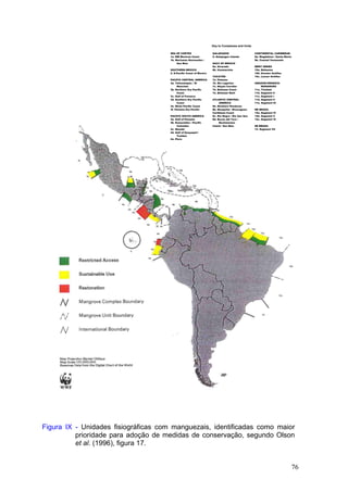 76
Figura IX - Unidades fisiográficas com manguezais, identificadas como maior
prioridade para adoção de medidas de conservação, segundo Olson
et al. (1996), figura 17.
Key to Complexes and Units
SEA OF CORTEZ
1a. NW Mexican Coast
1b. Marismas Nacionales /
San Bias
SOUTHERN MEXICO
2. S.Pacific Coast of Mexico
PACIFIC CENTRAL AMERICA
3a. Tehuantepec / El
Manchón
3b. Northern Dry Pacific
Coast
3c. Gulf of Fonseca
3d. Southern Dry Pacific
Coast
3e. Moist Pacific Coast
3f. Panama Dry Pacific
PACIFIC SOUTH AMERICA
4a. Gulf of Panama
4b. Esmeraldas / Pacific
Colombia
4c. Manabi
4d. Gulf of Guayaquil /
Tumbes
4e. Piura
GALAPAGOS
5. Galapagos islands
GULF OF MEXICO
6a. Alvarado
6b. Usumacinta
YUCATÃN
7a. Petenes
7b. Rio Lagartos
7c. Mayan Corridor
7d. Belizean Coast
7e. Belizean Reef
ATLANTIC CENTRAL
AMERICA
8a. Northern Honduras
8b. Mosquitia / Nicaraguan
Caribbean Coast
8c. Río Negro / Río San Sun
8d. Bocas del Toro /
Bastimentos
Island / San Bias
CONTINENTAL CARIBBEAN
9a. Magdalena / Santa Marta
9b. Coastal Venezuela
WEST INDIES
10a. Bahamas
10b. Greater Antilles
10c. Lesser Antilles
AMAZON-ORINOCO-
MARANHÃO
11a. Trinidad
11b. Segment 0
11c. Segment I
11d. Segment II
11e. Segment III
NE BRAZIL
12a. Segment IV
12b. Segment V
12c. Segment VI
SE BRAZIL
13. Segment VII
 