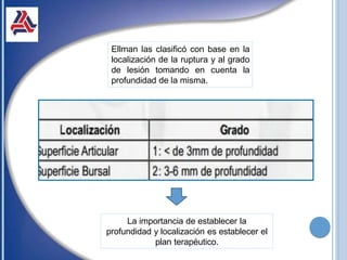 La importancia de establecer la
profundidad y localización es establecer el
plan terapéutico.
Ellman las clasificó con base en la
localización de la ruptura y al grado
de lesión tomando en cuenta la
profundidad de la misma.
 