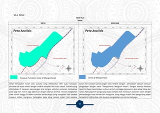 94
5.6.5 Sense
Tabel V.30
Sense
DATA RENCANA
Sense merupakan kesan atau suasana yang ditimbulkan oleh suatu kawasan,
pertama kali dapat timbul dengan melihat tampilan fisik suatu obyek. Suasana yang
ditimbulkan di kawasan perancangan erat dengan aktivitas pertanian tambaknya
pada pagi hari. Hal ini juga diperkuat dengan adanya aktivitas industri pengolahan
skala rumah tangga di sekitar kawasan perancangan yang mengolah hasil tambak
maupun olahan mangrove. Sedangkan pada siang sampai malam hari suasana
Sense dari kawasan perancangan yaitu terlihat dengan penyediaan sebuah kawasan
penginapan dengan nama “Mangunharjo Mangrove Resort. Dengan adanya kawasan
resort ini dapat menciptakan 24 hours activity sehingga kawasan ini akan tetap hidup dan
ramai. Pada pagi hari pengunjung dapat berjalan kaki menyusuri kawasan resort dengan
pemandangan area tambak dan mangrove, siang hingga malam hari pengunjung dapat
bersantai di coffee shop, cafe ataupun mengadakan acara privat keluarga.
Kawasan Tambak ( Sense of Mangunharjo) Sense of Mangunharjo
 