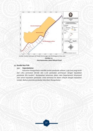 27
Sumber: Analisis Kelompok 3A Studio Perancangan dan Pembangunan Kota, 2015
Gambar 3.5
Peta Kesesuaian Lahan Wilayah Studi
3.3 Kondisi Non Fisik
3.3.1 Kependudukan
Kelurahan Mangunharjo memiliki jumlah penduduk sebesar 5.590 jiwa yang terdiri
dari 2.814 penduduk laki-laki dan 2.776 penduduk perempuan dengan kepadatan
penduduk 883 jiwa/km2
. Berdasarkan ketentuan dalam data Departement Kimpraswil
2001 untuk kepadatan penduduk <1000 termasuk ke dalam wilayah dengan kepadatan
rendah. Berikut piramida penduduk Kelurahan Mangunharjo :
 