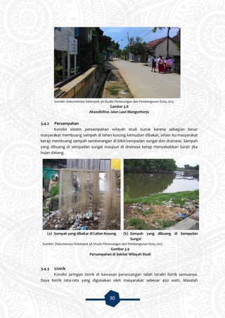 30
Sumber: Dokumentasi Kelompok 3A Studio Perancangan dan Pembangunan Kota, 2015
Gambar 3.8
Aksesibilitas Jalan Laut Mangunharjo
3.4.2 Persampahan
Kondisi sistem persampahan wilayah studi buruk karena sebagian besar
masyarakat membuang sampah di lahan kosong kemudian dibakar, selain itu masyarakat
kerap membuang sampah sembarangan di bibir/sempadan sungai dan drainase. Sampah
yang dibuang di sempadan sungai maupun di drainase kerap menyebabkan banjir jika
hujan datang.
(a) Sampah yang dibakar di Lahan Kosong (b) Sampah yang dibuang di Sempadan
Sungai
Sumber: Dokumentasi Kelompok 3A Studio Perancangan dan Pembangunan Kota, 2015
Gambar 3.9
Persampahan di Sekitar Wilayah Studi
3.4.3 Listrik
Kondisi jaringan listrik di kawasan perancangan telah teraliri listrik semuanya.
Daya listrik rata-rata yang digunakan oleh masyarakat sebesar 450 watt. Masalah
 
