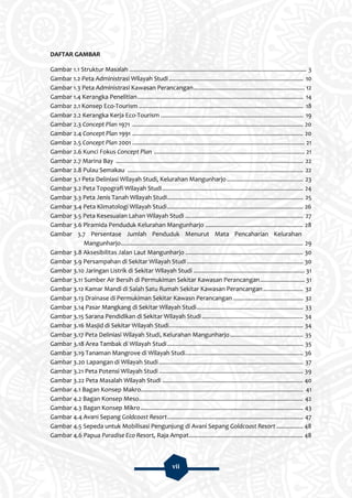 vii
DAFTAR GAMBAR
Gambar 1.1 Struktur Masalah ........................................................................................................... 3
Gambar 1.2 Peta Administrasi Wilayah Studi................................................................................. 10
Gambar 1.3 Peta Administrasi Kawasan Perancangan................................................................... 12
Gambar 1.4 Kerangka Penelitian.................................................................................................... 14
Gambar 2.1 Konsep Eco-Tourism ................................................................................................... 18
Gambar 2.2 Kerangka Kerja Eco-Tourism ...................................................................................... 19
Gambar 2.3 Concept Plan 1971 ....................................................................................................... 20
Gambar 2.4 Concept Plan 1991 ....................................................................................................... 20
Gambar 2.5 Concept Plan 2001 ........................................................................................................ 21
Gambar 2.6 Kunci Fokus Concept Plan ........................................................................................... 21
Gambar 2.7 Marina Bay ................................................................................................................. 22
Gambar 2.8 Pulau Semakau .......................................................................................................... 22
Gambar 3.1 Peta Deliniasi Wilayah Studi, Kelurahan Mangunharjo.............................................. 23
Gambar 3.2 Peta Topografi Wilayah Studi..................................................................................... 24
Gambar 3.3 Peta Jenis Tanah Wilayah Studi.................................................................................. 25
Gambar 3.4 Peta Klimatologi Wilayah Studi.................................................................................. 26
Gambar 3.5 Peta Kesesuaian Lahan Wilayah Studi ....................................................................... 27
Gambar 3.6 Piramida Penduduk Kelurahan Mangunharjo ........................................................... 28
Gambar 3.7 Persentase Jumlah Penduduk Menurut Mata Pencaharian Kelurahan
Mangunharjo.............................................................................................................. 29
Gambar 3.8 Aksesibilitas Jalan Laut Mangunharjo ....................................................................... 30
Gambar 3.9 Persampahan di Sekitar Wilayah Studi ...................................................................... 30
Gambar 3.10 Jaringan Listrik di Sekitar Wilayah Studi ................................................................... 31
Gambar 3.11 Sumber Air Bersih di Permukiman Sekitar Kawasan Perancangan........................... 31
Gambar 3.12 Kamar Mandi di Salah Satu Rumah Sekitar Kawasan Perancangan ........................ 32
Gambar 3.13 Drainase di Permukiman Sekitar Kawasn Perancangan .......................................... 32
Gambar 3.14 Pasar Mangkang di Sekitar Wilayah Studi................................................................ 33
Gambar 3.15 Sarana Pendidikan di Sekitar Wilayah Studi ............................................................. 34
Gambar 3.16 Masjid di Sekitar Wilayah Studi................................................................................. 34
Gambar 3.17 Peta Deliniasi Wilayah Studi, Kelurahan Mangunharjo............................................ 35
Gambar 3.18 Area Tambak di Wilayah Studi.................................................................................. 35
Gambar 3.19 Tanaman Mangrove di Wilayah Studi....................................................................... 36
Gambar 3.20 Lapangan di Wilayah Studi ....................................................................................... 37
Gambar 3.21 Peta Potensi Wilayah Studi ....................................................................................... 39
Gambar 3.22 Peta Masalah Wilayah Studi ..................................................................................... 40
Gambar 4.1 Bagan Konsep Makro.................................................................................................. 41
Gambar 4.2 Bagan Konsep Meso................................................................................................... 42
Gambar 4.3 Bagan Konsep Mikro.................................................................................................. 43
Gambar 4.4 Avani Sepang Goldcoast Resort.................................................................................. 47
Gambar 4.5 Sepeda untuk Mobilisasi Pengunjung di Avani Sepang Goldcoast Resort ................ 48
Gambar 4.6 Papua Paradise Eco Resort, Raja Ampat..................................................................... 48
 