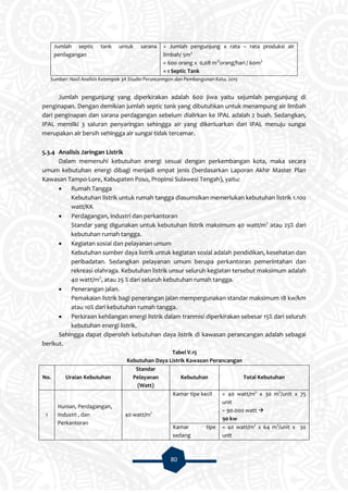80
Jumlah septic tank untuk sarana
perdagangan
= Jumlah pengunjung x rata – rata produksi air
limbah/ 5m3
= 600 orang x 0,08 m3/
orang/hari / 60m3
= 1 Septic Tank
Sumber: Hasil Analisis Kelompok 3A Studio Perancanngan dan Pembangunan Kota, 2015
Jumlah pengunjung yang diperkirakan adalah 600 jiwa yaitu sejumlah pengunjung di
penginapan. Dengan demikian jumlah septic tank yang dibutuhkan untuk menampung air limbah
dari penginapan dan sarana perdagangan sebelum dialirkan ke IPAL adalah 2 buah. Sedangkan,
IPAL memilki 3 saluran penyaringan sehingga air yang dikerluarkan dari IPAL menuju sungai
merupakan air bersih sehingga air sungai tidak tercemar.
5.3.4 Analisis Jaringan Listrik
Dalam memenuhi kebutuhan energi sesuai dengan perkembangan kota, maka secara
umum kebutuhan energi dibagi menjadi empat jenis (berdasarkan Laporan Akhir Master Plan
Kawasan Tampo-Lore, Kabupaten Poso, Propinsi Sulawesi Tengah), yaitu:
 Rumah Tangga
Kebutuhan listrik untuk rumah tangga diasumsikan memerlukan kebutuhan listrik 1.100
watt/KK
 Perdagangan, industri dan perkantoran
Standar yang digunakan untuk kebutuhan listrik maksimum 40 watt/m2
atau 25% dari
kebutuhan rumah tangga.
 Kegiatan sosial dan pelayanan umum
Kebutuhan sumber daya listrik untuk kegiatan sosial adalah pendidikan, kesehatan dan
peribadatan. Sedangkan pelayanan umum berupa perkantoran pemerintahan dan
rekreasi olahraga. Kebutuhan listrik unsur seluruh kegiatan tersebut maksimum adalah
40 watt/m2
, atau 25 % dari seluruh kebutuhan rumah tangga.
 Penerangan jalan.
Pemakaian listrik bagi penerangan jalan mempergunakan standar maksimum 18 kw/km
atau 10% dari kebutuhan rumah tangga.
 Perkiraan kehilangan energi listrik dalam tranmisi diperkirakan sebesar 15% dari seluruh
kebutuhan energi listrik.
Sehingga dapat diperoleh kebutuhan daya listrik di kawasan perancangan adalah sebagai
berikut.
Tabel V.15
Kebutuhan Daya Listrik Kawasan Perancangan
No. Uraian Kebutuhan
Standar
Pelayanan
(Watt)
Kebutuhan Total Kebutuhan
1
Hunian, Perdagangan,
Industri , dan
Perkantoran
40 watt/m2
Kamar tipe kecil = 40 watt/m2
x 30 m2
/unit x 75
unit
= 90.000 watt 
90 kw
Kamar tipe
sedang
= 40 watt/m2
x 64 m2
/unit x 30
unit
 