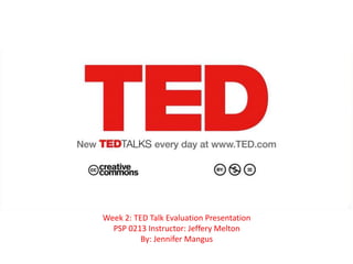 Week 2: TED Talk Evaluation Presentation
  PSP 0213 Instructor: Jeffery Melton
          By: Jennifer Mangus
 