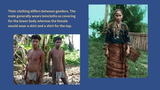 Their clothing differs between genders. The
male generally wears loincloths as covering
for the lower body whereas the female
would wear a skirt and a shirt for the top.
 