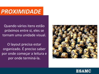 Quando vários itens estão
próximos entre si, eles se
tornam uma unidade visual.
O layout precisa estar
organizado. É preciso saber
por onde começar a leitura e
por onde terminá-la.
PROXIMIDADE
 