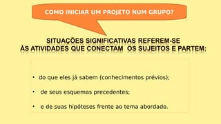 • do que eles já sabem (conhecimentos prévios);
• de seus esquemas precedentes;
• e de suas hipóteses frente ao tema abordado.
COMO INICIAR UM PROJETO NUM GRUPO?
 