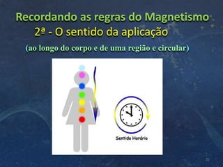 Recordando as regras do Magnetismo
2ª - O sentido da aplicação
21
(ao longo do corpo e de uma região e circular)
 
