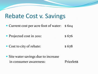 Rebate Cost v. Savings
 Current cost per acre foot of water:   $ 604

 Projected cost in 2011:                $ 676

 Cost to city of rebate:                $ 678

 Site water savings due to increase
  in consumer awareness:                 Pri¢ele$$
 