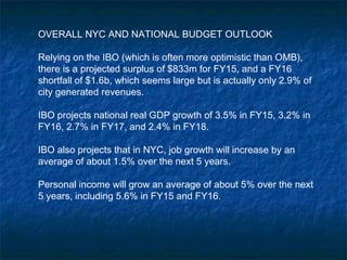 OVERALL NYC AND NATIONAL BUDGET OUTLOOK
Relying on the IBO (which is often more optimistic than OMB),
there is a projected surplus of $833m for FY15, and a FY16
shortfall of $1.6b, which seems large but is actually only 2.9% of
city generated revenues.
IBO projects national real GDP growth of 3.5% in FY15, 3.2% in
FY16, 2.7% in FY17, and 2.4% in FY18.
IBO also projects that in NYC, job growth will increase by an
average of about 1.5% over the next 5 years.
Personal income will grow an average of about 5% over the next
5 years, including 5.6% in FY15 and FY16.
 