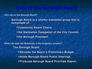 Role of the Borough BoardRole of the Borough Board
The Borough Board:The Borough Board:
Reviews the Mayor’s Preliminary Budget.Reviews the Mayor’s Preliminary Budget.
Holds Borough Board Public Hearings.Holds Borough Board Public Hearings.
Produces Borough Board Priorities Report.Produces Borough Board Priorities Report.
Borough Board is a charter mandated group that isBorough Board is a charter mandated group that is
comprised of:comprised of:
Community Board Chairs,Community Board Chairs,
the Manhattan Delegation of the City Council,the Manhattan Delegation of the City Council,
the Borough President.the Borough President.
Who sits on the Borough Board?
What role does the Board play in the budgetary process?
 
