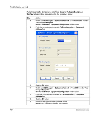 Troubleshooting and FAQ
104 EIO0000000638 04/2012
Paste the controller device name into Vijeo-Designer Network Equipment
Configuration window, as explained in the procedure below:
Step Action
1 Double click IO Manager → SoMachineNetwork → Your controller from the
Vijeo-Designer Navigator
Result: The Network Equipment Configuration window opens
2 Paste the controller device name in PLC Configuration → Equipment
Address field
3 Click the OK button
4 Double click IO Manager → SoMachineNetwork → Your HMI from the Vijeo-
Designer Navigator
Result: The Network Equipment Configuration window opens
5 Paste the controller device name in PLC Configuration → Equipment
Address field
6 Click the OK button
7 Download the application into your HMI device
Result: Your HMI device name is now updated
 