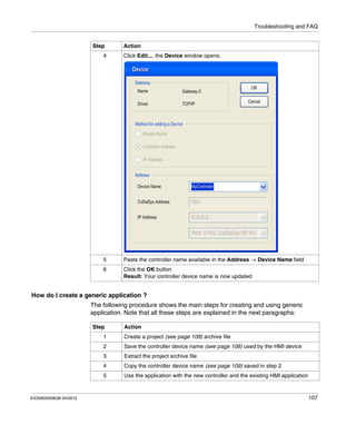 Troubleshooting and FAQ
EIO0000000638 04/2012 107
How do I create a generic application ?
The following procedure shows the main steps for creating and using generic
application. Note that all these steps are explained in the next paragraphs:
4 Click Edit..., the Device window opens:
5 Paste the controller name available in the Address → Device Name field
6 Click the OK button
Result: Your controller device name is now updated
Step Action
Step Action
1 Create a project (see page 108) archive file
2 Save the controller device name (see page 108) used by the HMI device
3 Extract the project archive file
4 Copy the controller device name (see page 109) saved in step 2
5 Use the application with the new controller and the existing HMI application
 