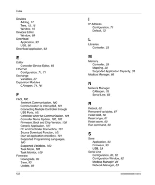 Index
122 EIO0000000638 04/2012
Devices
Adding, 17
Tree, 15, 16
Window, 15
Devices Editor
Window, 69
Download
Application, 93
USB, 90
Download application, 63
E
Editor
Controller Device Editor, 69
Ethernet
Configuration, 71, 71
Exchange
Variables, 27
Expansion Modules
CANopen, 74, 78
F
FAQ, 100
Network Communication, 100
Communication is interrupted, 101
Connecting Multiple Controller through
USB Ports, 101
Controller and HMI Communication, 101
Controller Name Update, 102, 105
Firmware, Boot and Chip Version, 100
Generic Application, 107
PC and Controller Connection, 101
Source Download Function, 101
Start all application checkbox, 101
Supported Programming Languages,
100
Supported Variables, 100
Task Mode, 101
Task Monitor, 109
Firmware
Downgrade, 93
Save, 93
Update, 89
I
IP Address
Configuration, 71
Default, 72
L
Libraries
Controller, 23
M
Memory
Controller, 29
Mapping, 30
Supported Application Capacity, 31
Modbus Manager, 86
N
Network Manager
CANopen, 76
Serial Line, 83
R
Reboot, 62
Remanent variables, 67
Reset cold, 60
Reset origin, 61
Reset warm, 60
Run command, 59
S
Save
Application, 93
Firmware, 93
USB, 93
Serial Line
Configuration, 81, 82
Configuration Window, 82
Modbus Manager, 86
Network Manager, 83
 