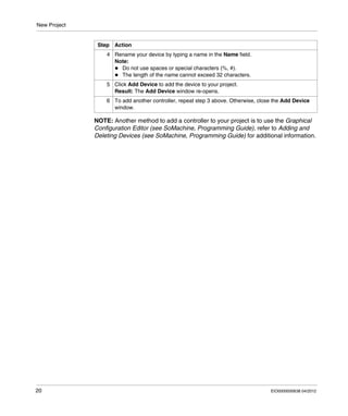 New Project
20 EIO0000000638 04/2012
NOTE: Another method to add a controller to your project is to use the Graphical
Configuration Editor (see SoMachine, Programming Guide), refer to Adding and
Deleting Devices (see SoMachine, Programming Guide) for additional information.
4 Rename your device by typing a name in the Name field.
Note:
Do not use spaces or special characters (%, #).
The length of the name cannot exceed 32 characters.
5 Click Add Device to add the device to your project.
Result: The Add Device window re-opens.
6 To add another controller, repeat step 3 above. Otherwise, close the Add Device
window.
Step Action
 