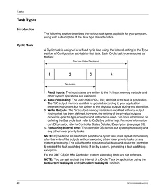 Tasks
40 EIO0000000638 04/2012
Task Types
Introduction
The following section describes the various task types available for your program,
along with a description of the task type characteristics.
Cyclic Task
A Cyclic task is assigned at a fixed cycle time using the Interval setting in the Type
section of Configuration sub-tab for that task. Each Cyclic task type executes as
follows:
1. Read Inputs: The input states are written to the %I input memory variable and
other system operations are executed.
2. Task Processing: The user code (POU, etc.) defined in the task is processed.
The %Q output memory variable is updated according to your application
program instructions but not written to the physical outputs during this operation.
3. Write Outputs: The %Q output memory variable is modified with any output
forcing that has been defined, however, the writing of the physical outputs
depends upon the type of output and instructions used. For more information on
defining the Bus cycle task refer to CoDeSys online help. For more information
on I/O behavior, refer to Controller States Detailed Description (see page 53).
4. Remaining Interval time: The controller OS carries out system processing and
any other lower priority tasks.
NOTE: If you define an insufficient period for a cyclic task, it will repeat immediately
after the write of the outputs without executing other lower priority tasks or any
system processing. This will affect the execution of all tasks and cause the controller
to exceed the task watchdog limits (if set by a user), generating a task watchdog
exception.
For the XBT GT/GK HMI Controller, system watchdog limits are not enforced.
NOTE: You can get and set the interval of a Cyclic Task by application using the
GetCurrentTaskCycle and SetCurrentTaskCycle function.
 