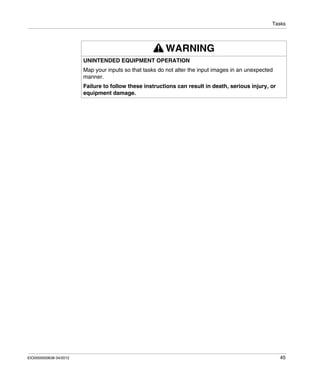 Tasks
EIO0000000638 04/2012 45
WARNING
UNINTENDED EQUIPMENT OPERATION
Map your inputs so that tasks do not alter the input images in an unexpected
manner.
Failure to follow these instructions can result in death, serious injury, or
equipment damage.
 