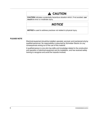 6 EIO0000000638 04/2012
PLEASE NOTE
Electrical equipment should be installed, operated, serviced, and maintained only by
qualified personnel. No responsibility is assumed by Schneider Electric for any
consequences arising out of the use of this material.
A qualified person is one who has skills and knowledge related to the construction
and operation of electrical equipment and its installation, and has received safety
training to recognize and avoid the hazards involved.
 