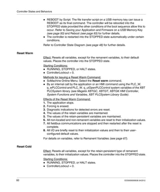 Controller States and Behaviors
60 EIO0000000638 04/2012
REBOOT by Script: The file transfer script on a USB memory key can issue a
REBOOT as its final command. The controller will be rebooted into the
STOPPED state provided the other conditions of the boot sequence allow this to
occur. Refer to Saving your Application and Firmware on a USB Memory Key
(see page 93) and Reboot (see page 93) for further details.
The controller is restarted into the STOPPED state automatically under certain
conditions.
Refer to Controller State Diagram (see page 48) for further details.
Reset Warm
Effect: Resets all variables, except for the remanent variables, to their default
values. Places the controller into the STOPPED state.
Starting Conditions:
RUNNING, STOPPED, or HALT states.
ControllerLockout = 0.
Methods for Issuing a Reset Warm Command:
SoMachine Online Menu: Select the Reset warm command.
By an internal call by the application or an HMI command using the PLC_W.
q_wPLCControl and PLC_W. q_uiOpenPLCControl system variables of the XBT
PLCSystem library (see Magelis XBTGC, XBTGT, XBTGK HMI Controller,
System Functions and Variables, XBT PLCSystem Library Guide).
Effects of the Reset Warm Command:
1. The application stops.
2. Forcing is erased.
3. Diagnostic indications for detected errors are reset.
4. The values of the retain variables are maintained.
5. The values of the retain-persistent variables are maintained.
6. All non-located and non-remanent variables are reset to their initialization values.
7. All fieldbus communications are stopped and then restarted after the reset is
complete.
8. All I/O are briefly reset to their initialization values and then to their user-
configured default values.
For details on variables, refer to Remanent Variables (see page 67).
Reset Cold
Effect: Resets all variables, except for the retain-persistent type of remanent
variables, to their initialization values. Places the controller into the STOPPED state.
Starting Conditions:
RUNNING, STOPPED, or HALT states.
ControllerLockout = 0.
 