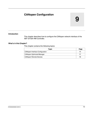 EIO0000000638 04/2012 73
9
Magelis XBT GT, XBT GK HMI Controller
CANopen Configuration
EIO0000000638 04/2012
CANopen Configuration
Introduction
This chapter describes how to configure the CANopen network interface of the
XBT GT/GK HMI Controller.
What’s in this Chapter?
This chapter contains the following topics:
Topic Page
CANopen Interface Configuration 74
CANopen Optimized Manager 77
CANopen Remote Devices 78
 
