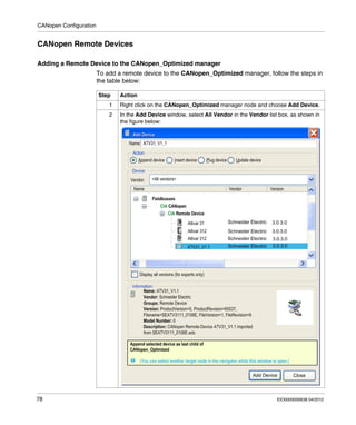 CANopen Configuration
78 EIO0000000638 04/2012
CANopen Remote Devices
Adding a Remote Device to the CANopen_Optimized manager
To add a remote device to the CANopen_Optimized manager, follow the steps in
the table below:
Step Action
1 Right click on the CANopen_Optimized manager node and choose Add Device.
2 In the Add Device window, select All Vendor in the Vendor list box, as shown in
the figure below:
 