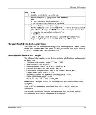 CANopen Configuration
EIO0000000638 04/2012 79
CANopen Remote Device Configuration Screen
You can access the remote device configuration screen by double clicking on the
device from the Devices screen. Refer to CANopen Remote Device part from the
CoDeSys Online-Help for additonal information.
Remote Devices Available with CANopen
The following list shows the remote devices available with CANopen and supported
by SoMachine:
Variable speed drives such as ATV 31 or ATV 71.
Servo drives such as Lexium 05.
Integrated drives such as ILA1F, ILE1F or the ILS1F.
Opto-electronic encoders such as the Osicoder.
Configurable safety controllers such as the Preventa XPSMC••ZC.
Stepper motor drives such as SD328.
Motor management and protection systems such as TeSysT.
Starter controllers such as TeSysU.
Distributed I/Os such as FTB or TVD_OTB.
NOTE: Other CANopen devices can be added using their electronic data sheet
(EDS) files.
Refer to Supported Devices (see SoMachine, Introduction) for additional
information.
For additional information on these remote devices refer to external devices
documentation available on Schneider Electric Website.
3 Select the remote device you want to add.
4 Rename your device by typing a name in the Name field.
Note:
Do not use spaces or special characters (%, #).
The name length cannot exceed 32 characters.
5 Click Add Device to add the device to your project.
Result: The Device window is refreshed with the new remote devices associated
to the CANopen_Manager. The Add Device window opens again. You can then:
repeat step 3 to add another remote device1
, or
click Close.
1
Up to 16 CANopen remote devices (see Magelis XBTGC HMI Controller,
Programming Guide) can be connected to the CANopen Master Unit.
Step Action
 